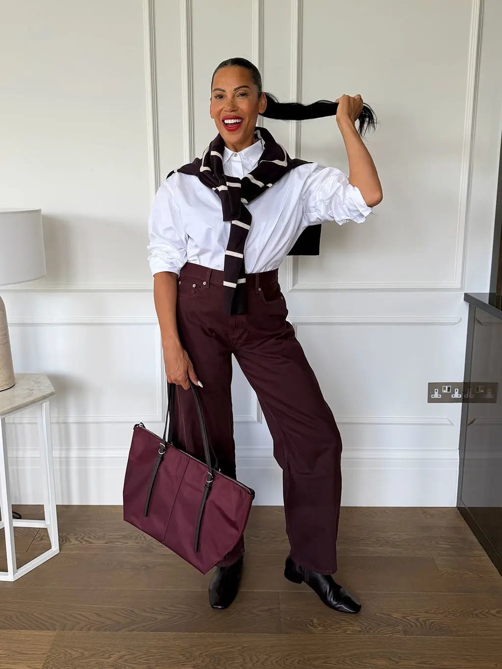 Maroon Wide-Leg Trousers with White Shirt Maroon Wide-Leg Trousers with White Shirt — Classy Maroon Outfits