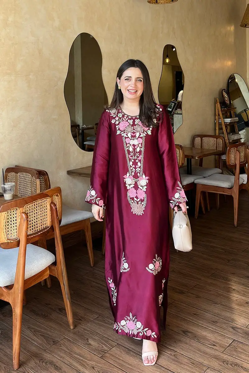 Embroidered Maroon Silk Maxi Dress Embroidered Maroon Silk Maxi Dress — Classy Maroon Outfits