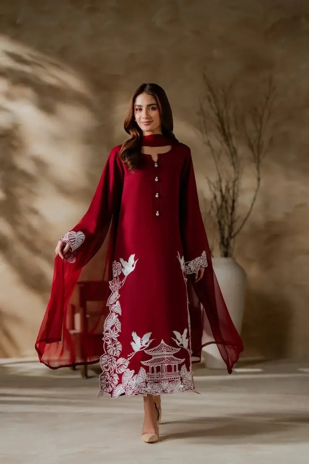 Linen Tunic with White Embroidery and Dupatta Linen Tunic with White Embroidery and Dupatta — Classy Maroon Outfits