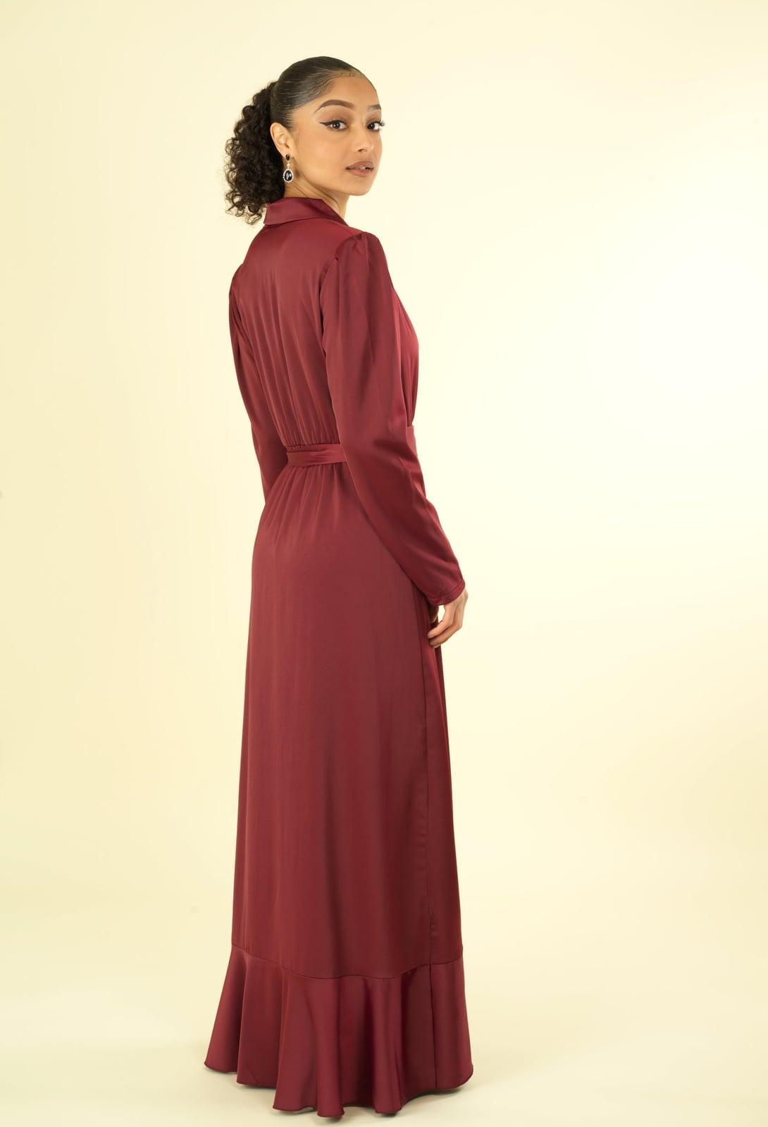 Maroon Satin Wrap Maxi Dress with Ruffled Hem Maroon Satin Wrap Maxi Dress with Ruffled Hem — Classy Maroon Outfits