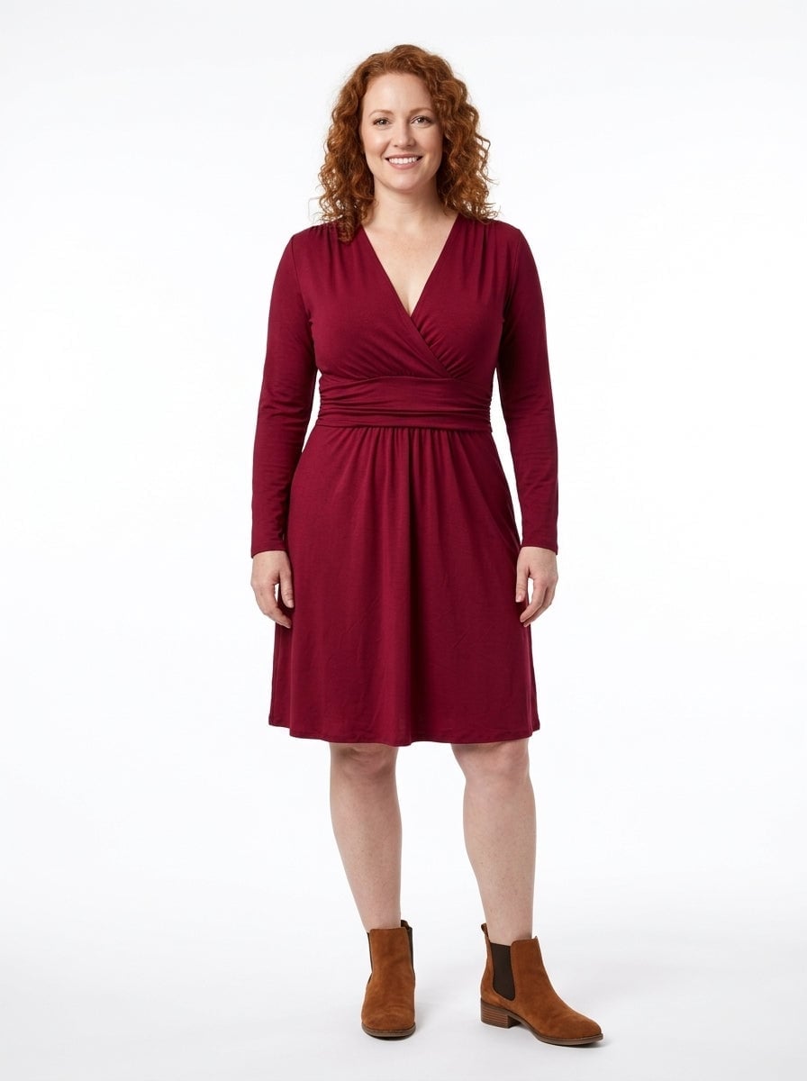 Maroon Jersey Knit Wrap Dress with Boots Maroon Jersey Knit Wrap Dress with Boots — Classy Maroon Outfits