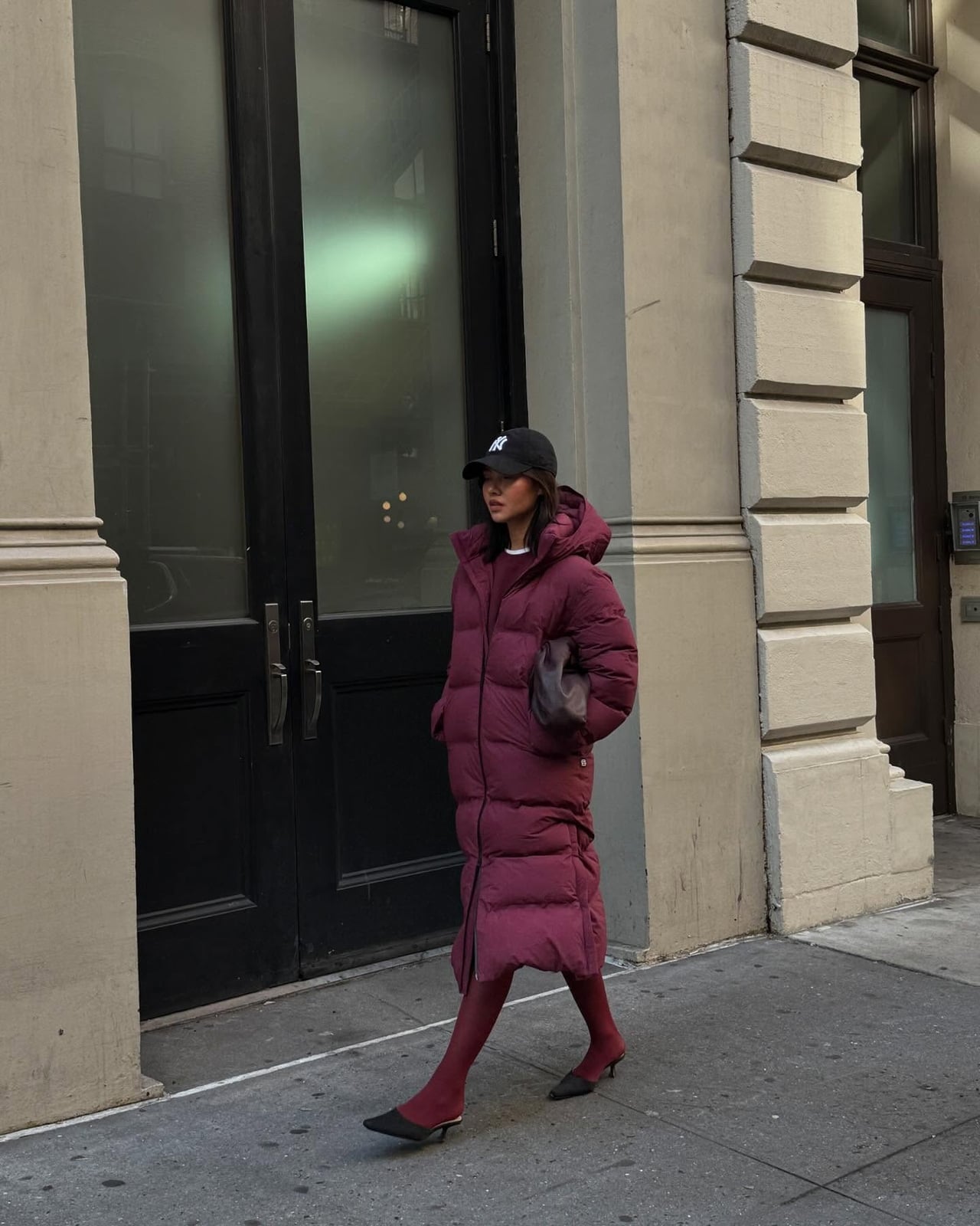 Long Maroon Puffer Coat Over Sweater Long Maroon Puffer Coat Over Sweater — Classy Maroon Outfits