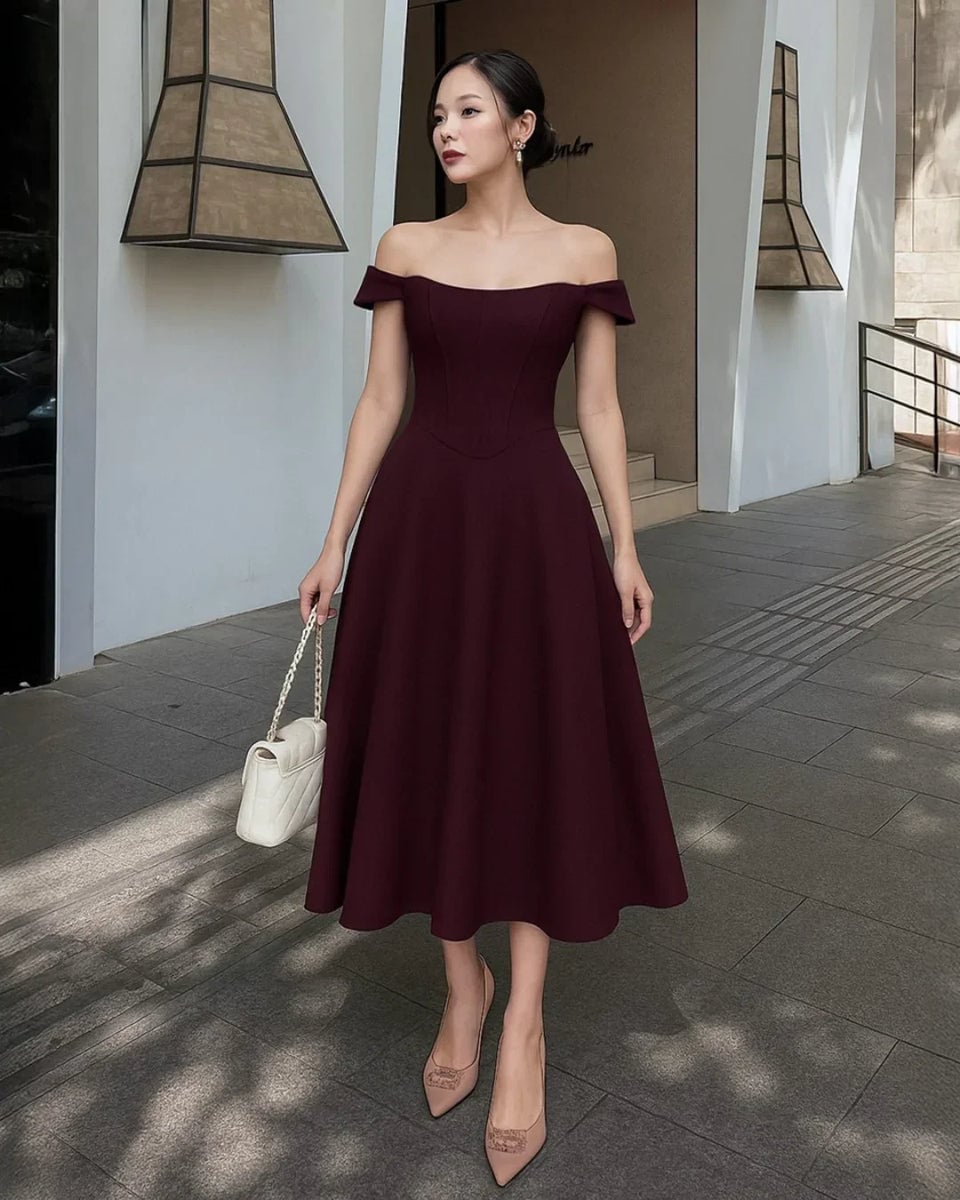Maroon Off-The-Shoulder Fit and Flare Dress Maroon Off-The-Shoulder Fit and Flare Dress — Classy Maroon Outfits