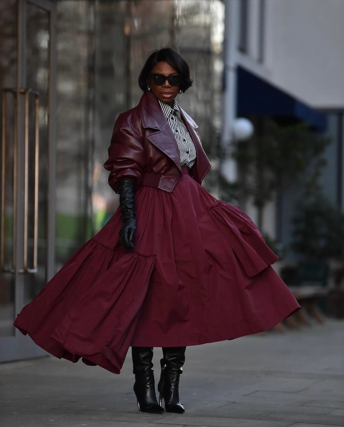 Leather Jacket with Tiered Maroon Skirt Leather Jacket with Tiered Maroon Skirt — Classy Maroon Outfits