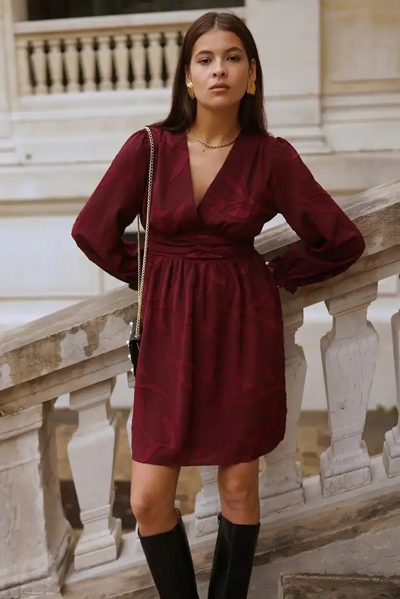 Jacquard Wrap Dress with Knee-High Boots Jacquard Wrap Dress with Knee-High Boots — Classy Maroon Outfits