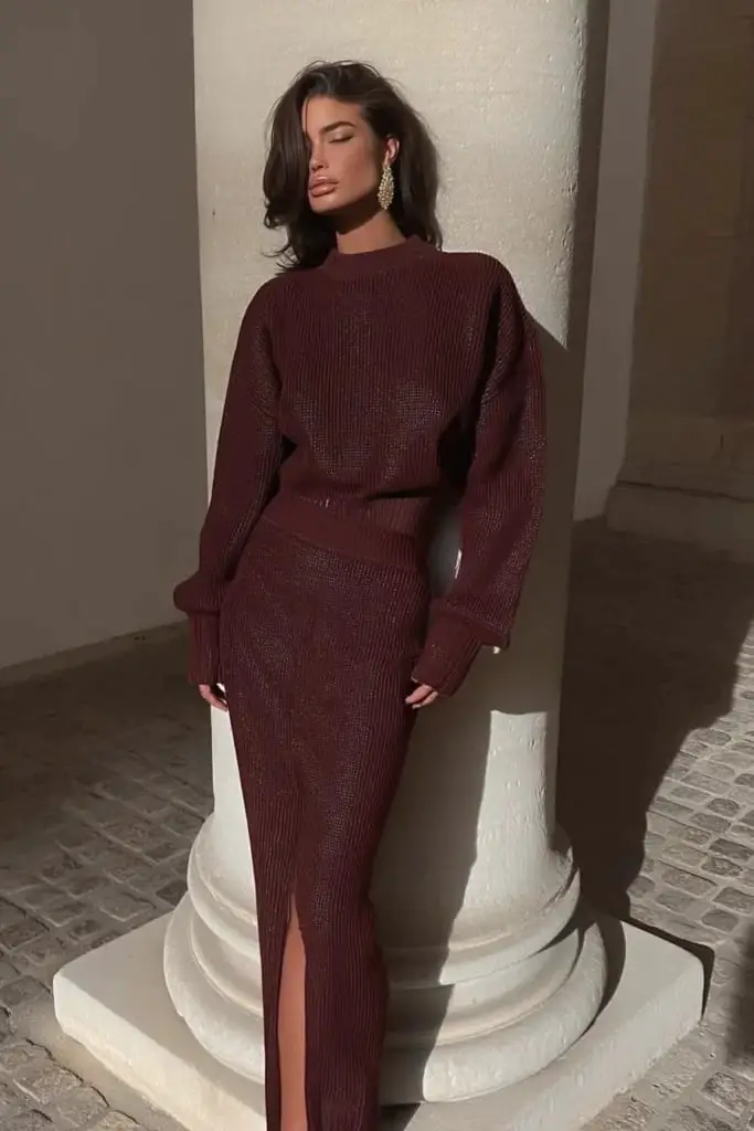 Maroon Knit Sweater and Midi Skirt Set Maroon Knit Sweater and Midi Skirt Set — Classy Maroon Outfits