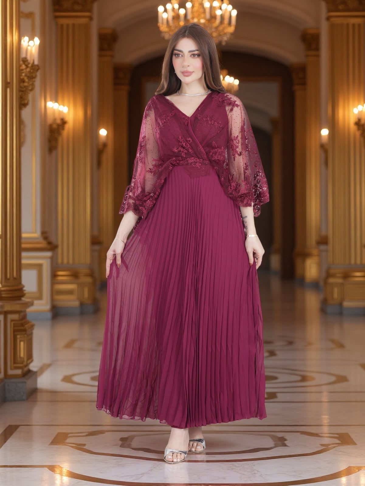 Pleated Evening Dress with Lace Overlay Pleated Evening Dress with Lace Overlay — Classy Maroon Outfits
