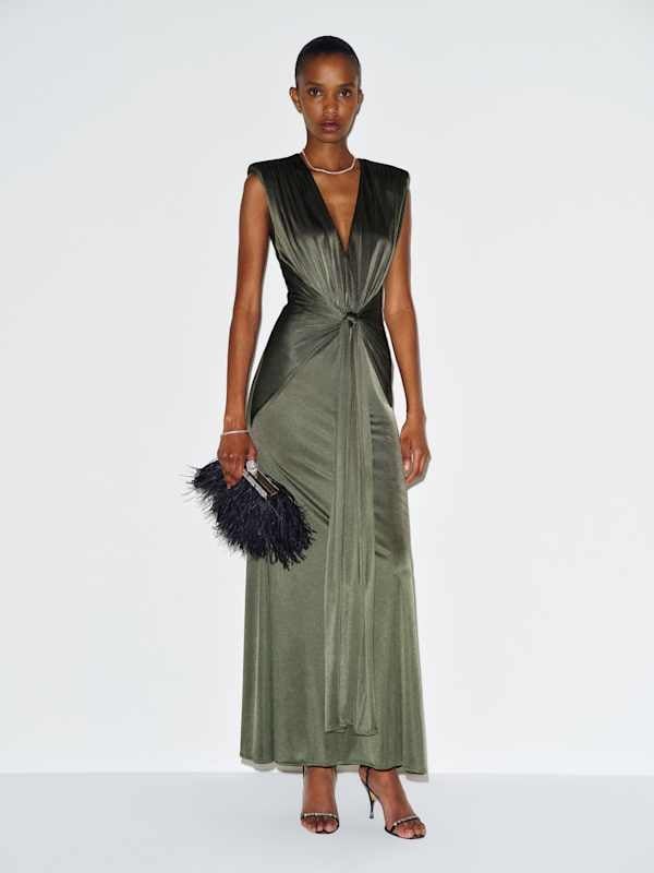 Olive Green Satin Maxi Dress for Evening Wear Classy Maxi Dresses Outfit