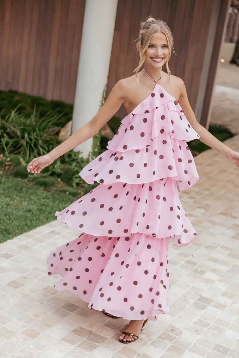 Pink Chiffon Maxi Dress with Polka Dots Pink Chiffon Maxi Dress with Polka Dots — Classy Maxi Dresses Outfit