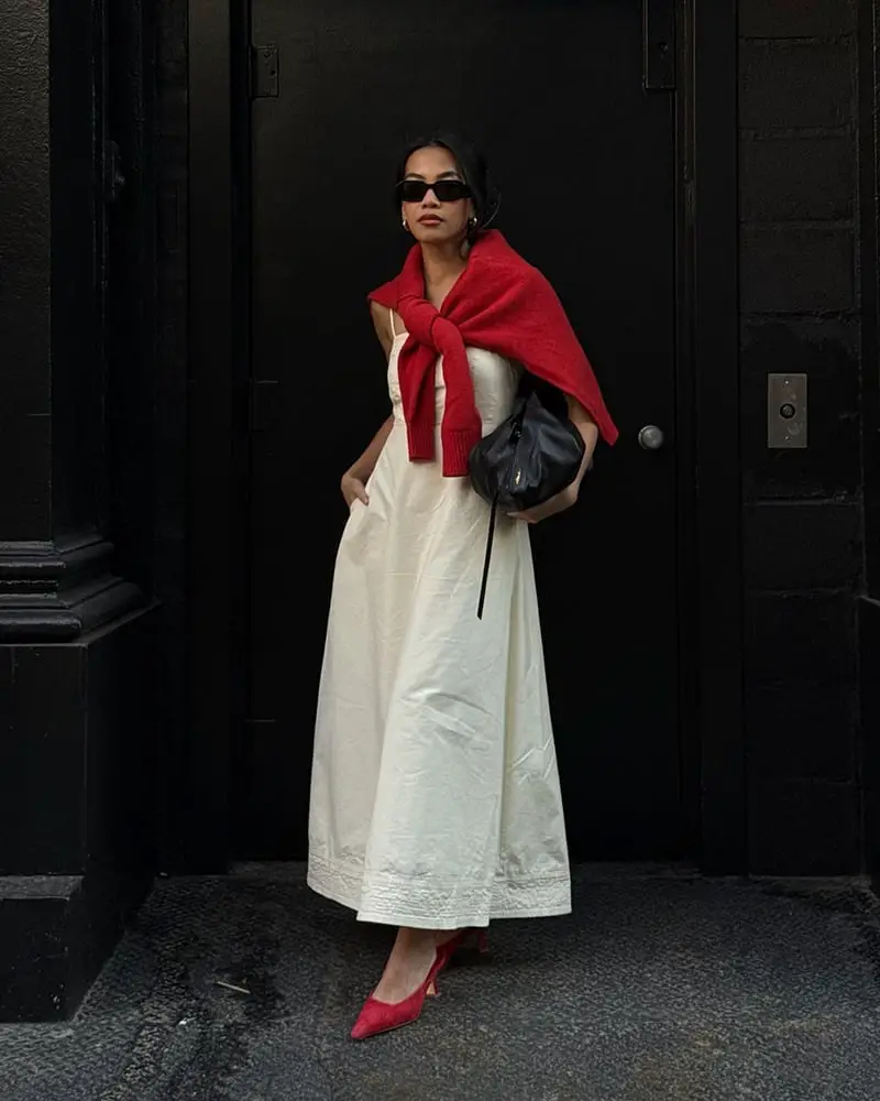White Maxi Dress with a Draped Sweater White Maxi Dress with a Draped Sweater — Classy Maxi Dresses Outfit
