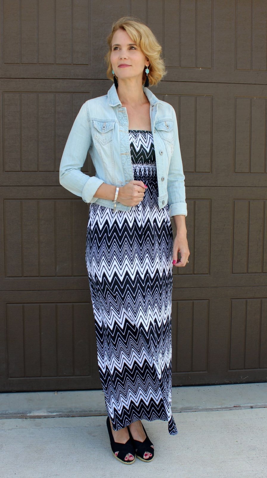 Chevron Print Maxi Dress with Denim Jacket Chevron Print Maxi Dress with Denim Jacket — Classy Maxi Dresses Outfit