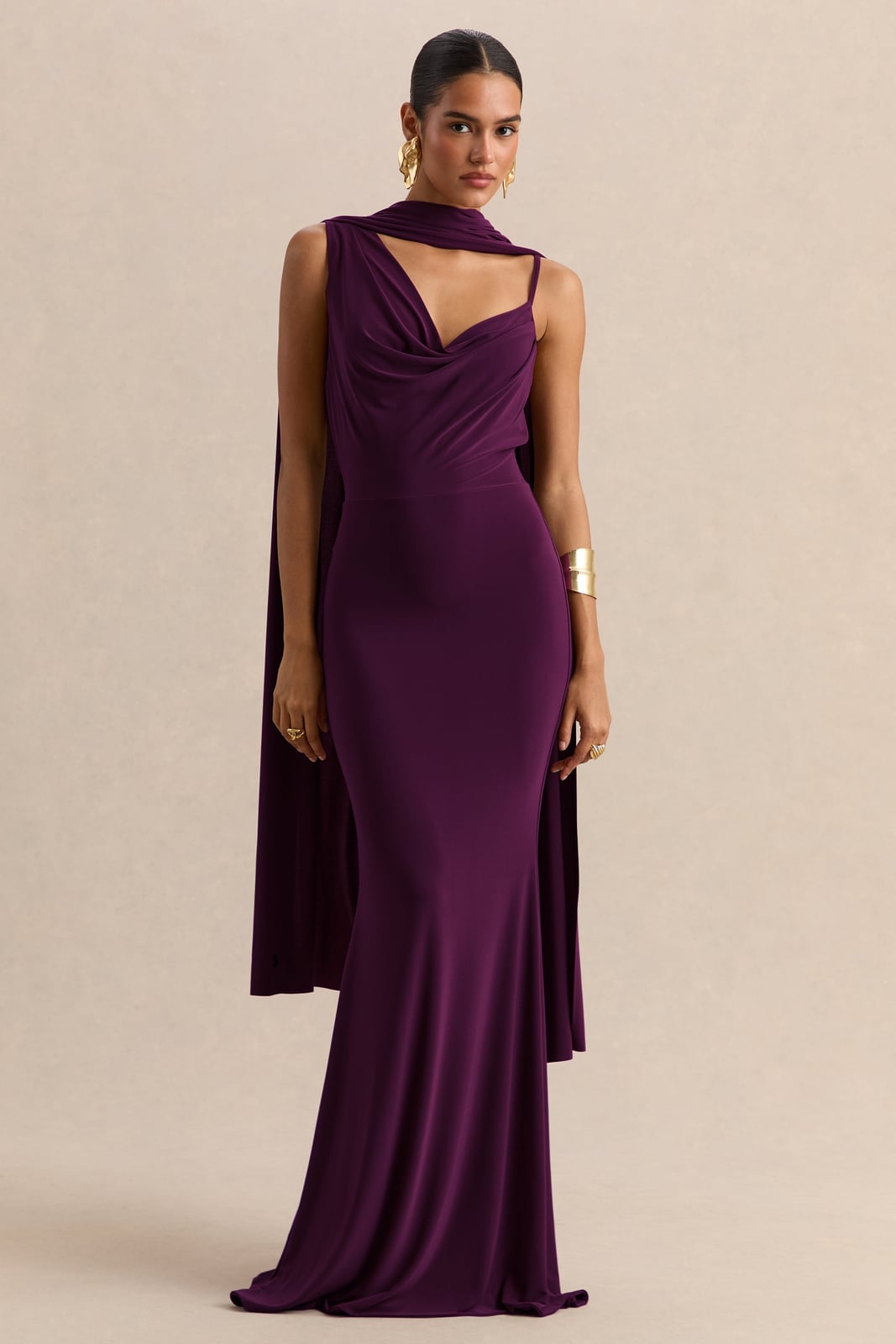 Elegant Purple Maxi Dress with Cape Detail Elegant Purple Maxi Dress with Cape Detail — Classy Maxi Dresses Outfit