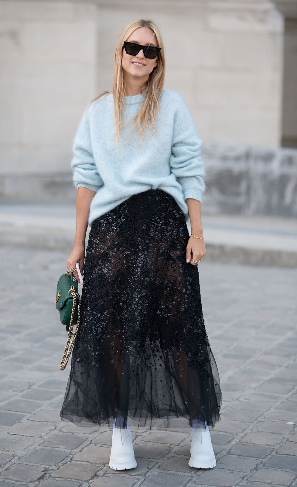 Fuzzy Sweater With Sequined Tulle Maxi Skirt — Classy Maxi Skirt Outfits