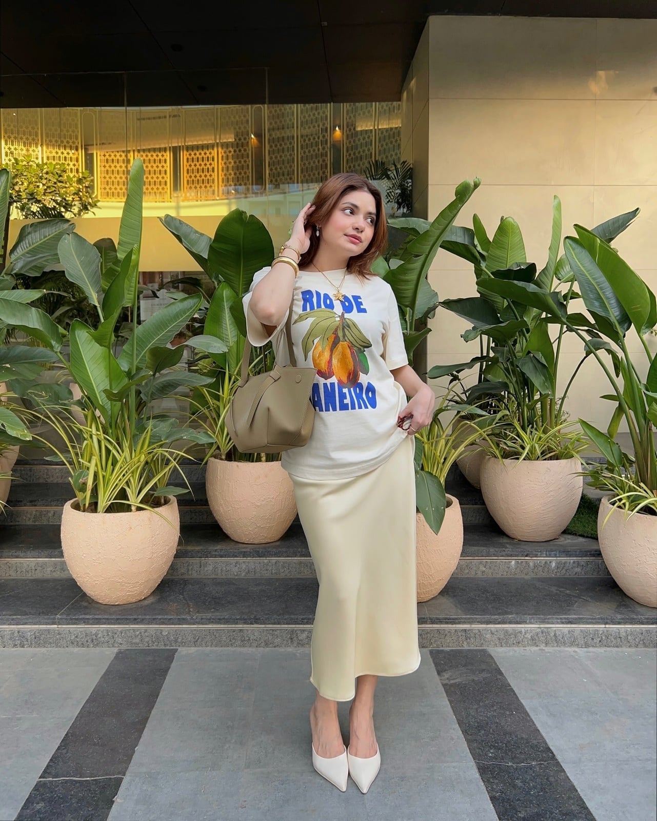 Graphic T-shirt With Satin Maxi Skirt — Classy Maxi Skirt Outfits
