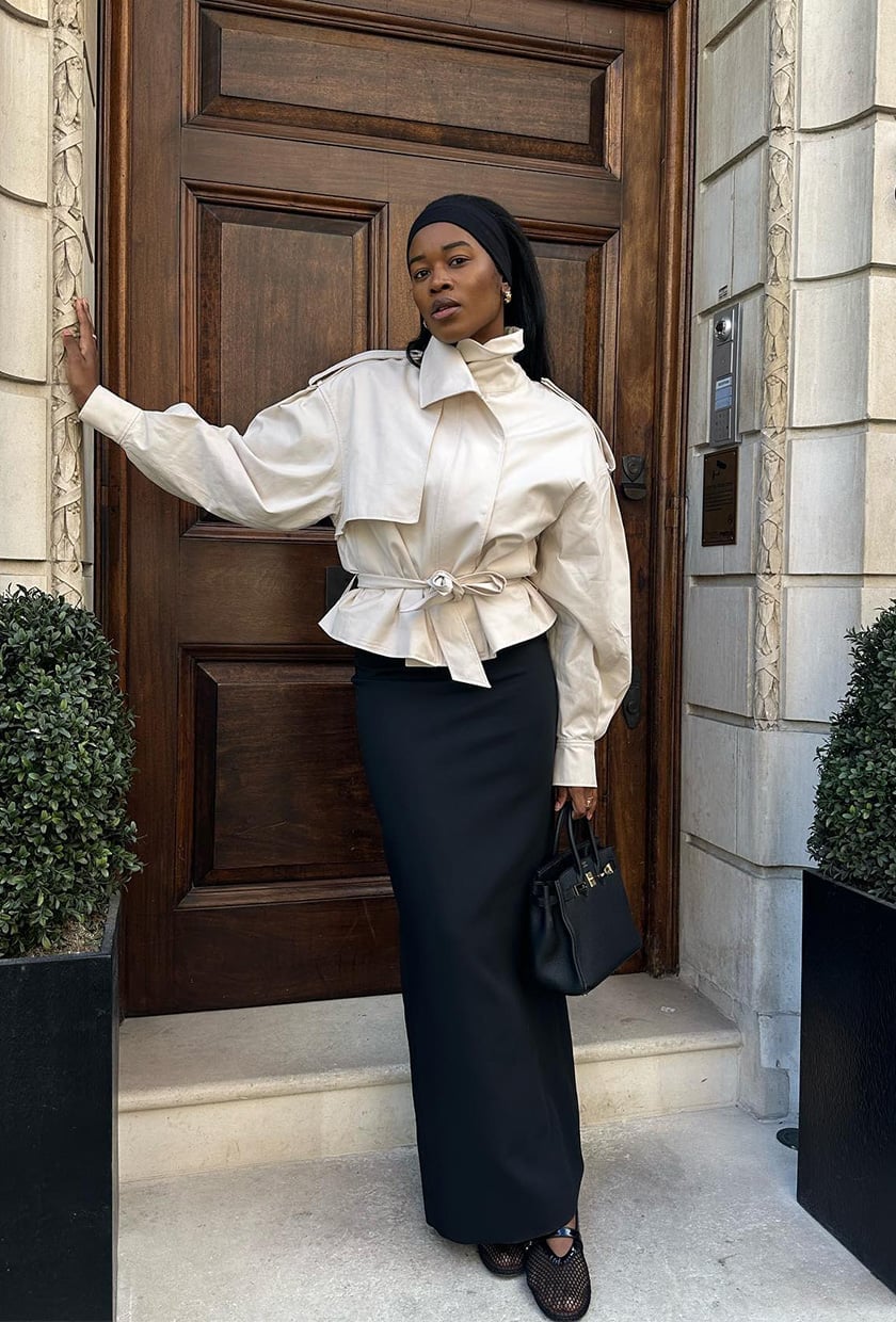 Belted Jacket Over Column Maxi Skirt — Classy Maxi Skirt Outfits