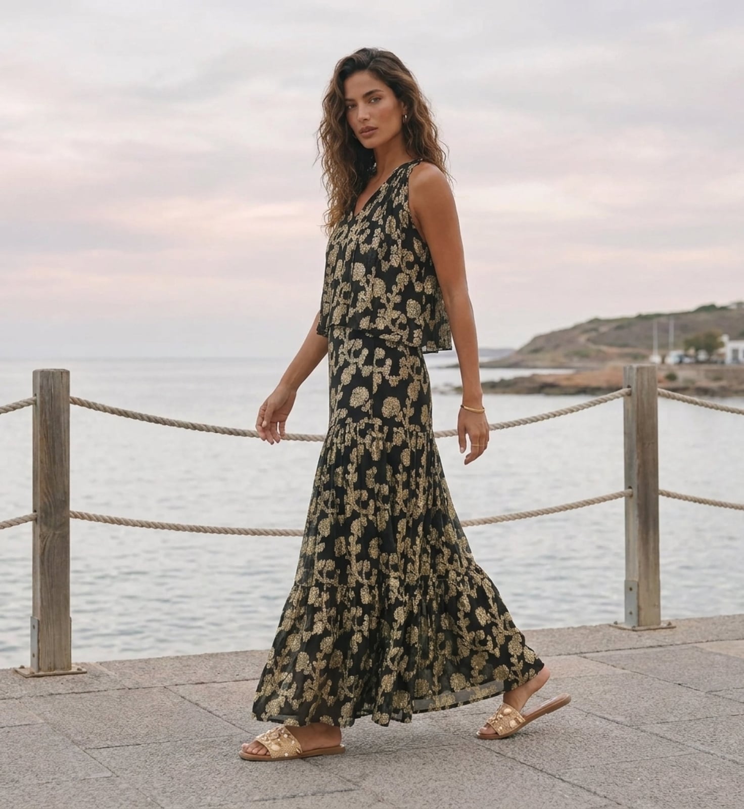 Printed Top With Tiered Maxi Skirt — Classy Maxi Skirt Outfits