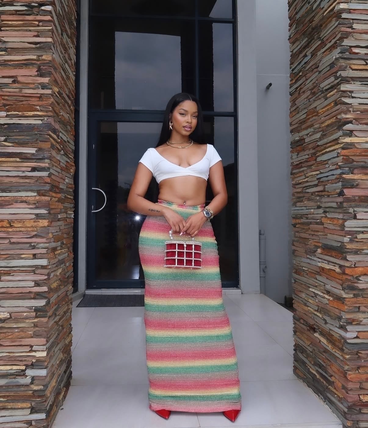 Crop Top With Rainbow Striped Maxi Skirt — Classy Maxi Skirt Outfits