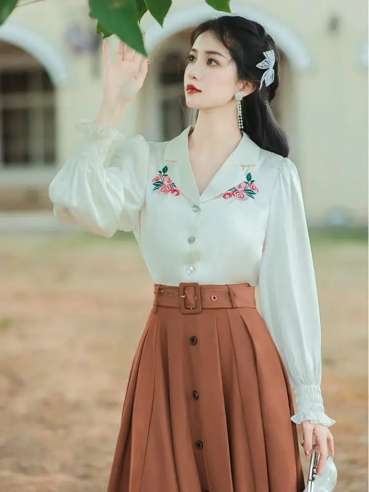 Embroidered Blouse With Button Front Maxi Skirt — Classy Maxi Skirt Outfits
