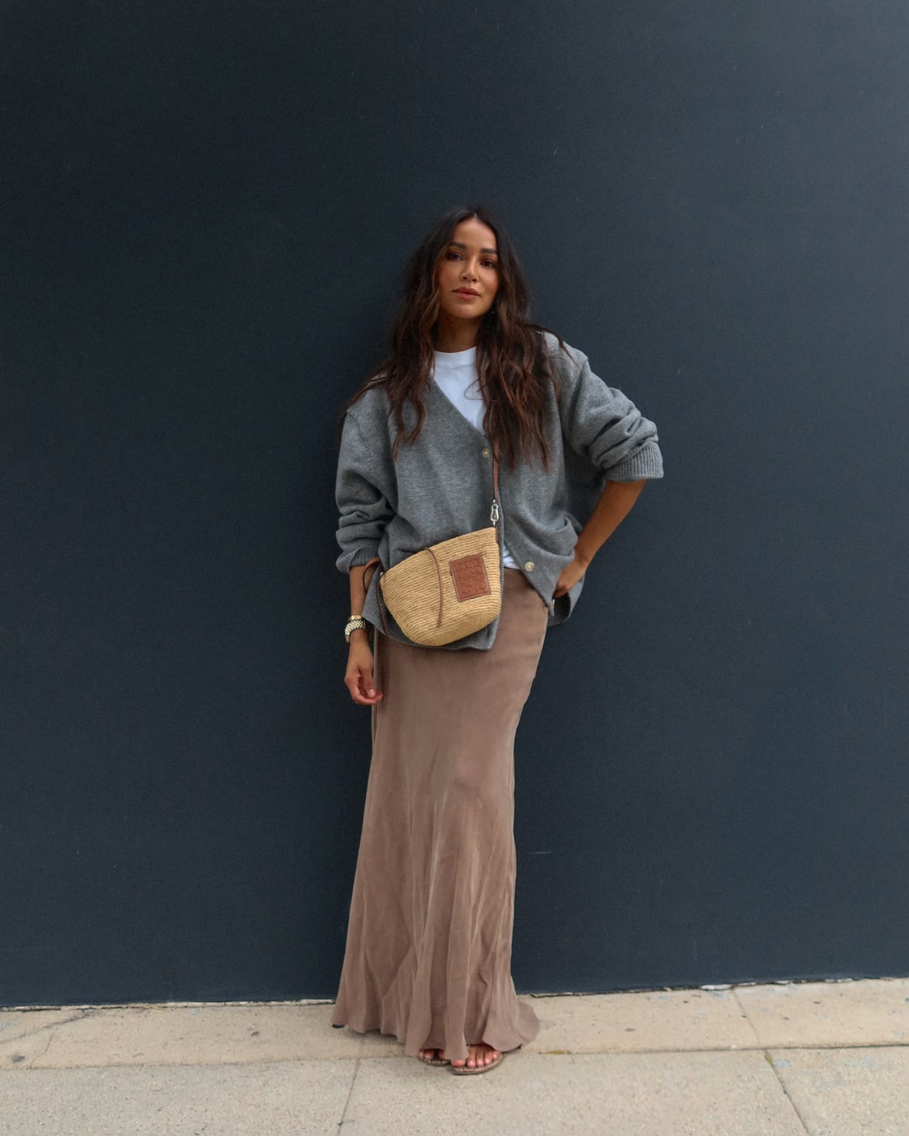 Cardigan Over Flowing Taupe Maxi Skirt — Classy Maxi Skirt Outfits