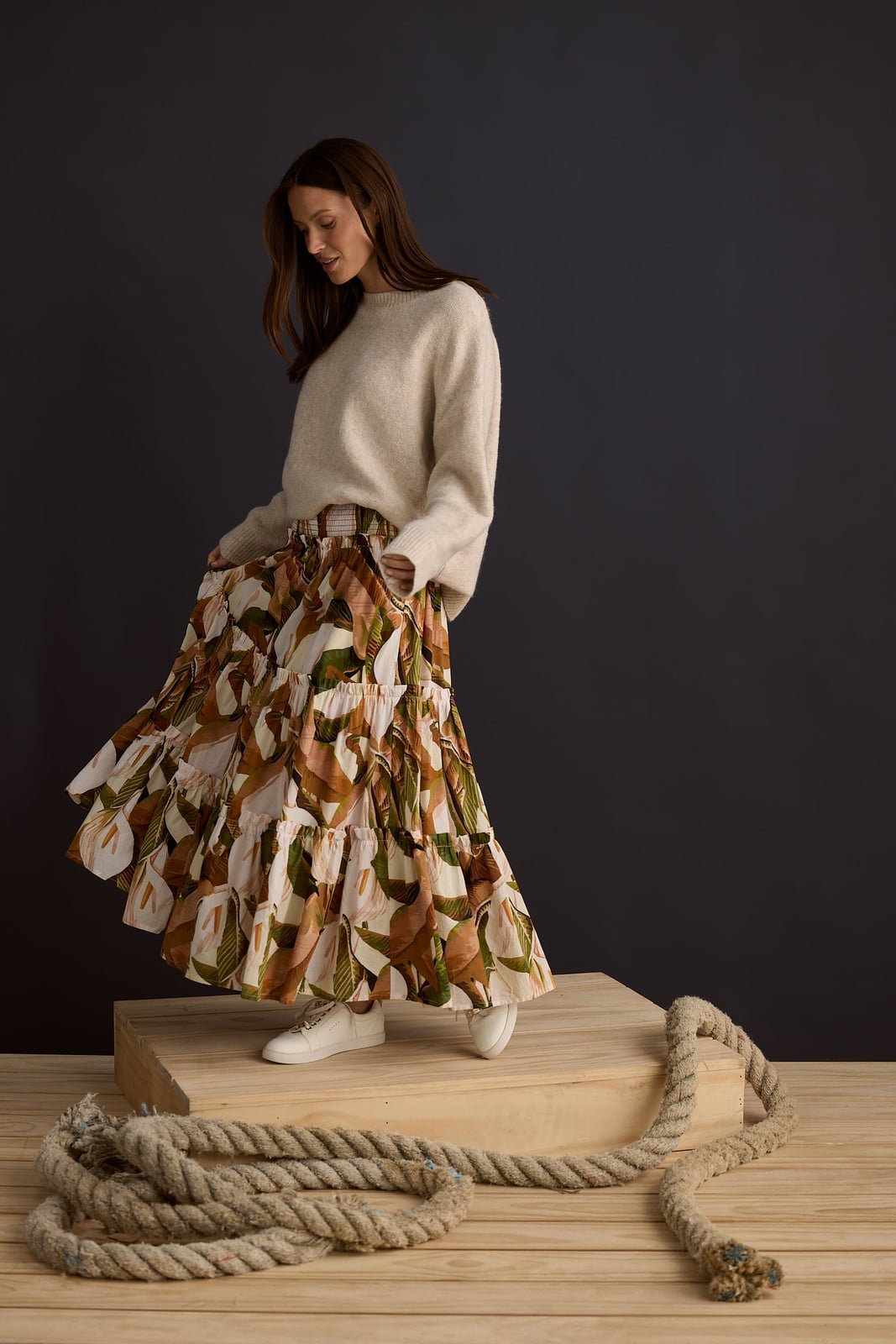 Knit Sweater With Tiered Floral Maxi Skirt — Classy Maxi Skirt Outfits