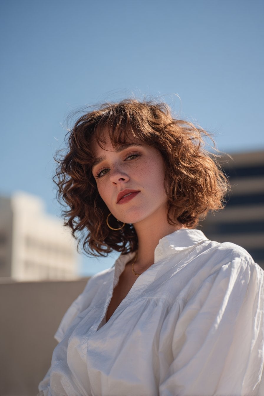 Collarbone Curly Hair With Curtain Bangs and Air Dried — Classy Medium Curly Hair