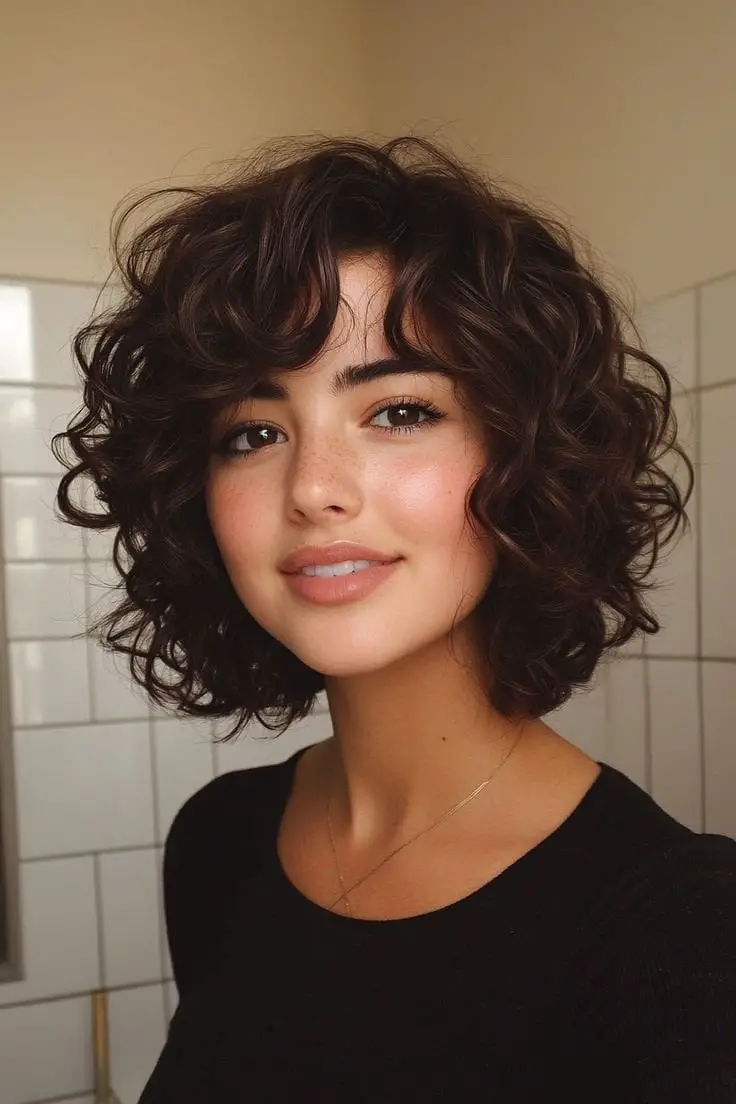 Collarbone Curly Hair With Curly Bangs — Classy Medium Curly Hair