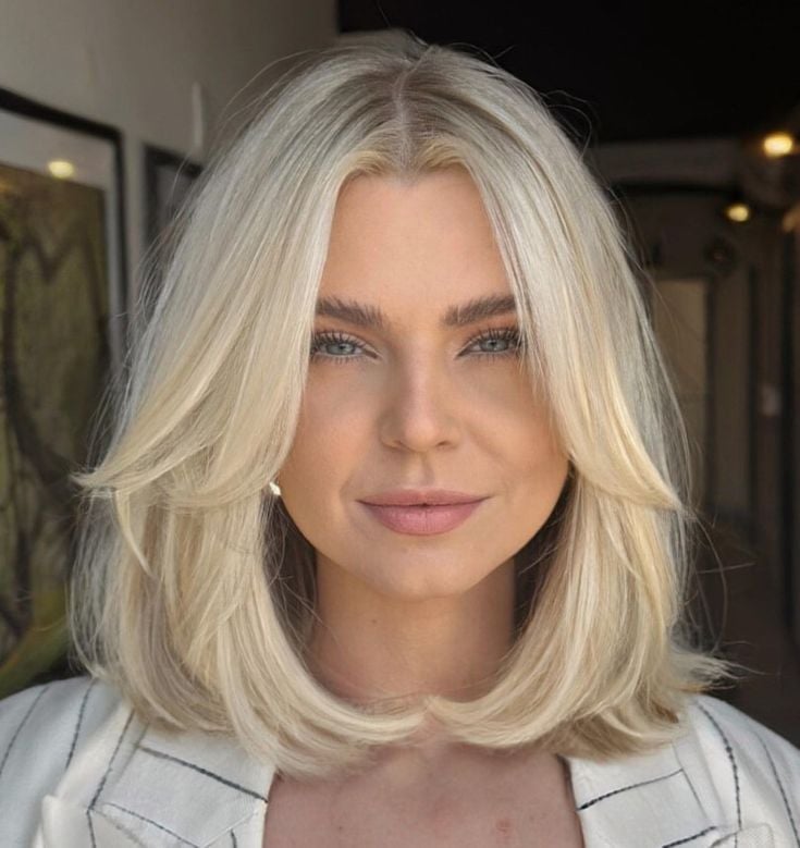 Platinum Blonde Bob With Curtain Bangs Platinum Blonde Bob With Curtain Bangs — Classy Medium Length Hair