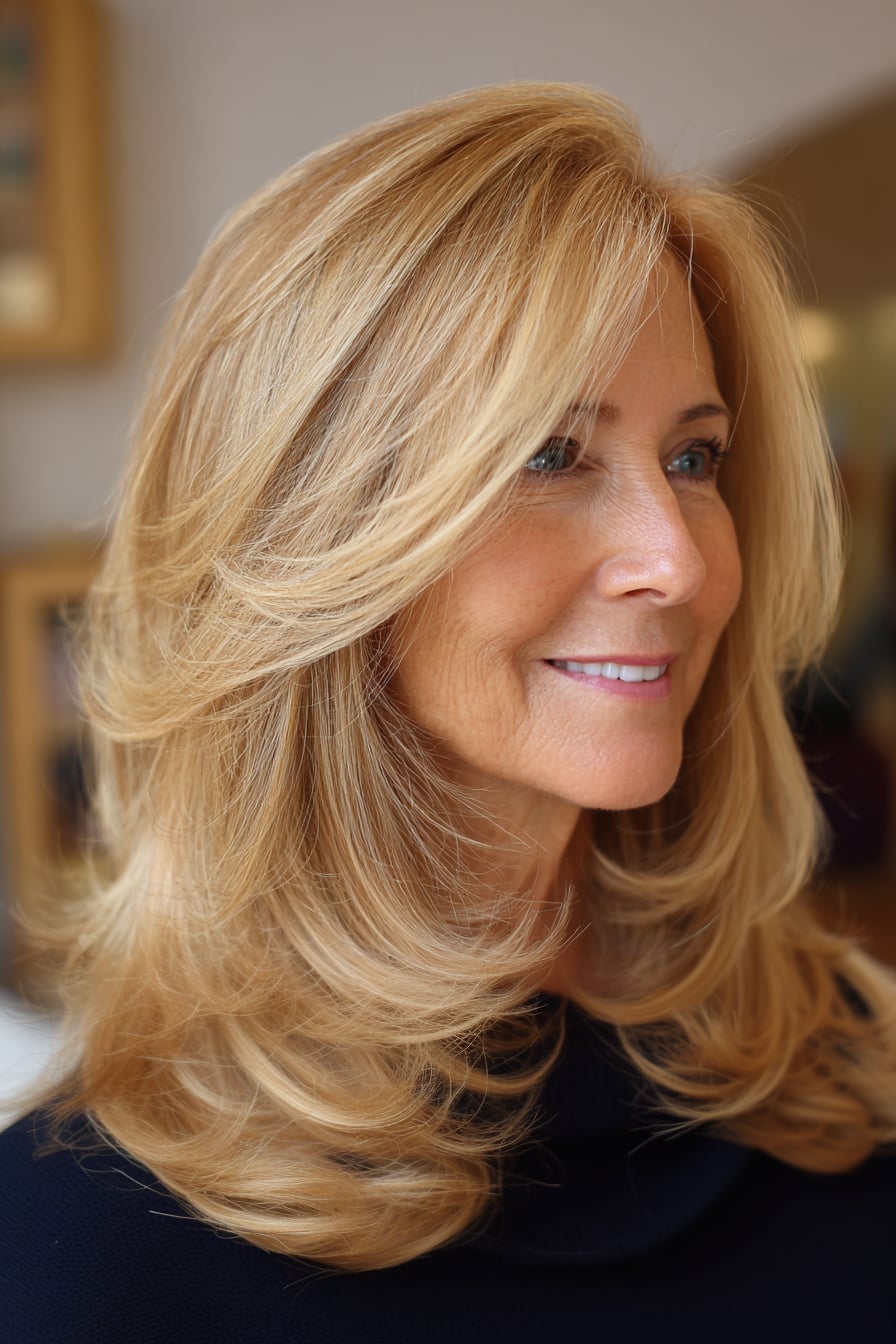 Warm Blonde Collarbone Layers With Curtain Bangs, Everyday Version Warm Blonde Collarbone Layers With Curtain Bangs, Everyday Version — Classy Medium Length Hair