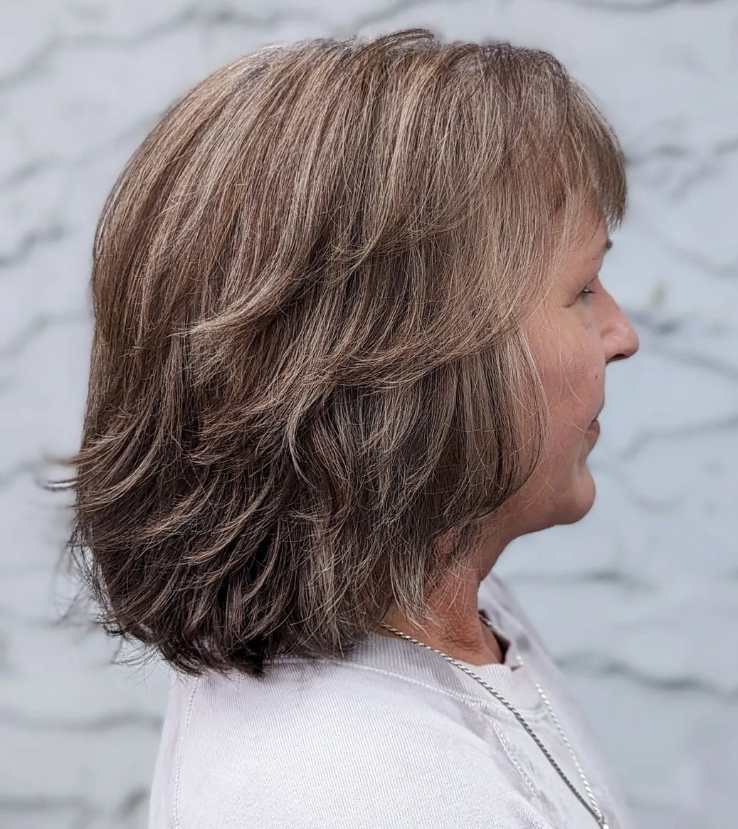 Ash Brown Layered Bob With Side Bangs Ash Brown Layered Bob With Side Bangs — Classy Medium Length Hair