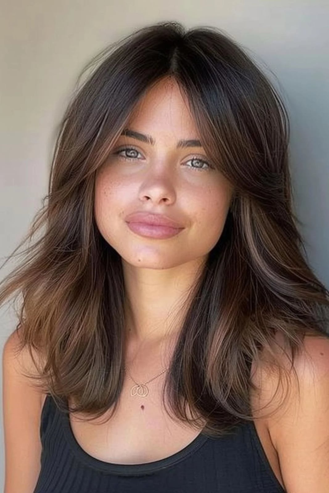 Dark Brown Collarbone Layers With Curtain Bangs Dark Brown Collarbone Layers With Curtain Bangs — Classy Medium Length Hair