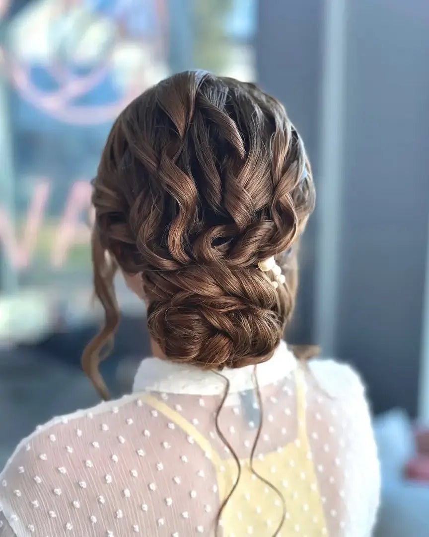Braided Dark Brown Bun With Pearl Accessory — Classy Messy Bun Outfit