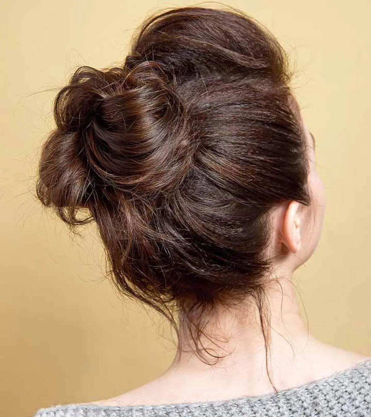 Voluminous Dark Brown Textured Messy Bun — Classy Messy Bun Outfit