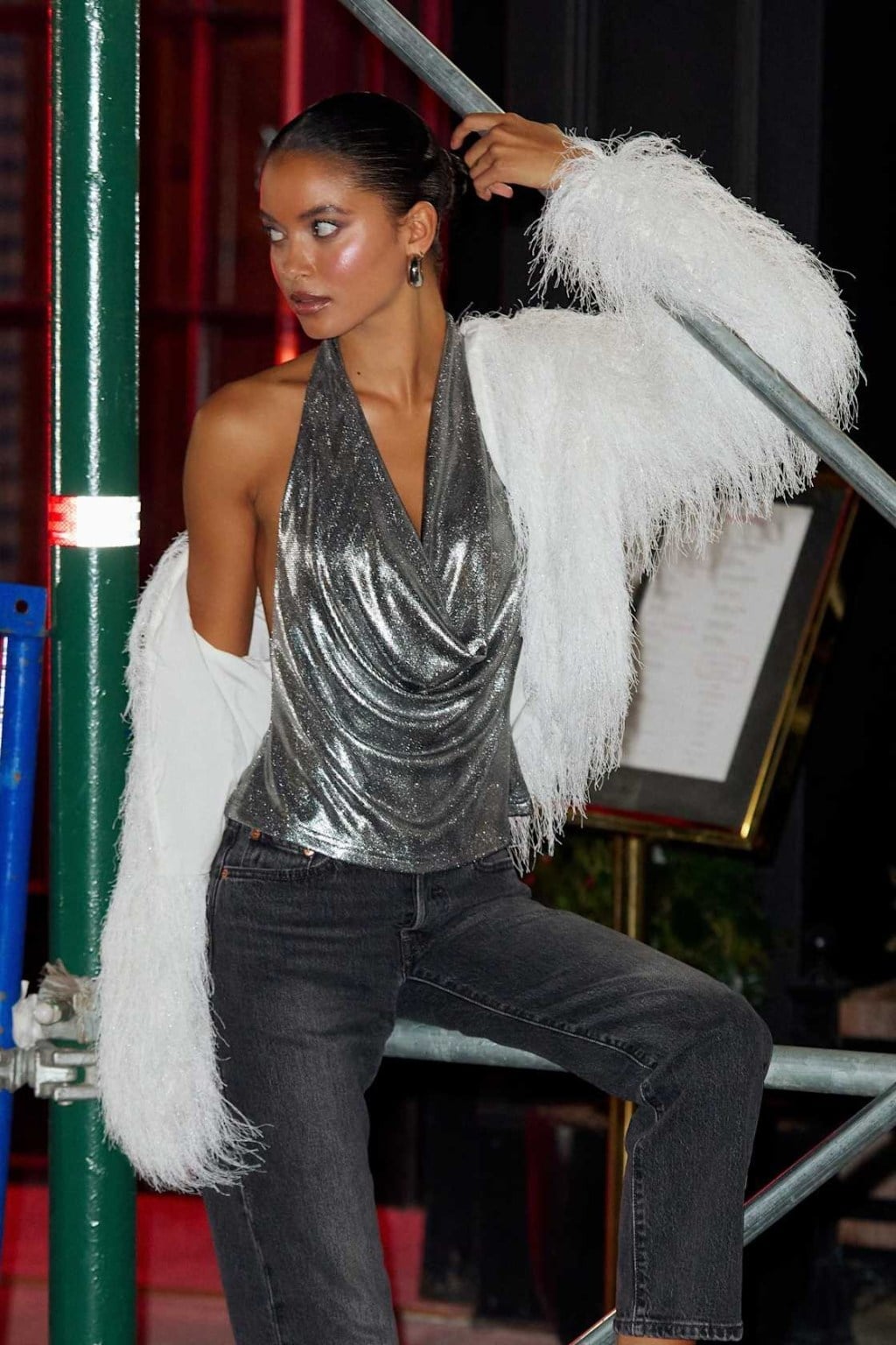 Silver Metallic Halter Top With Fluffy Jacket And Jeans Silver Metallic Halter Top With Fluffy Jacket And Jeans — Classy Metallic Outfits