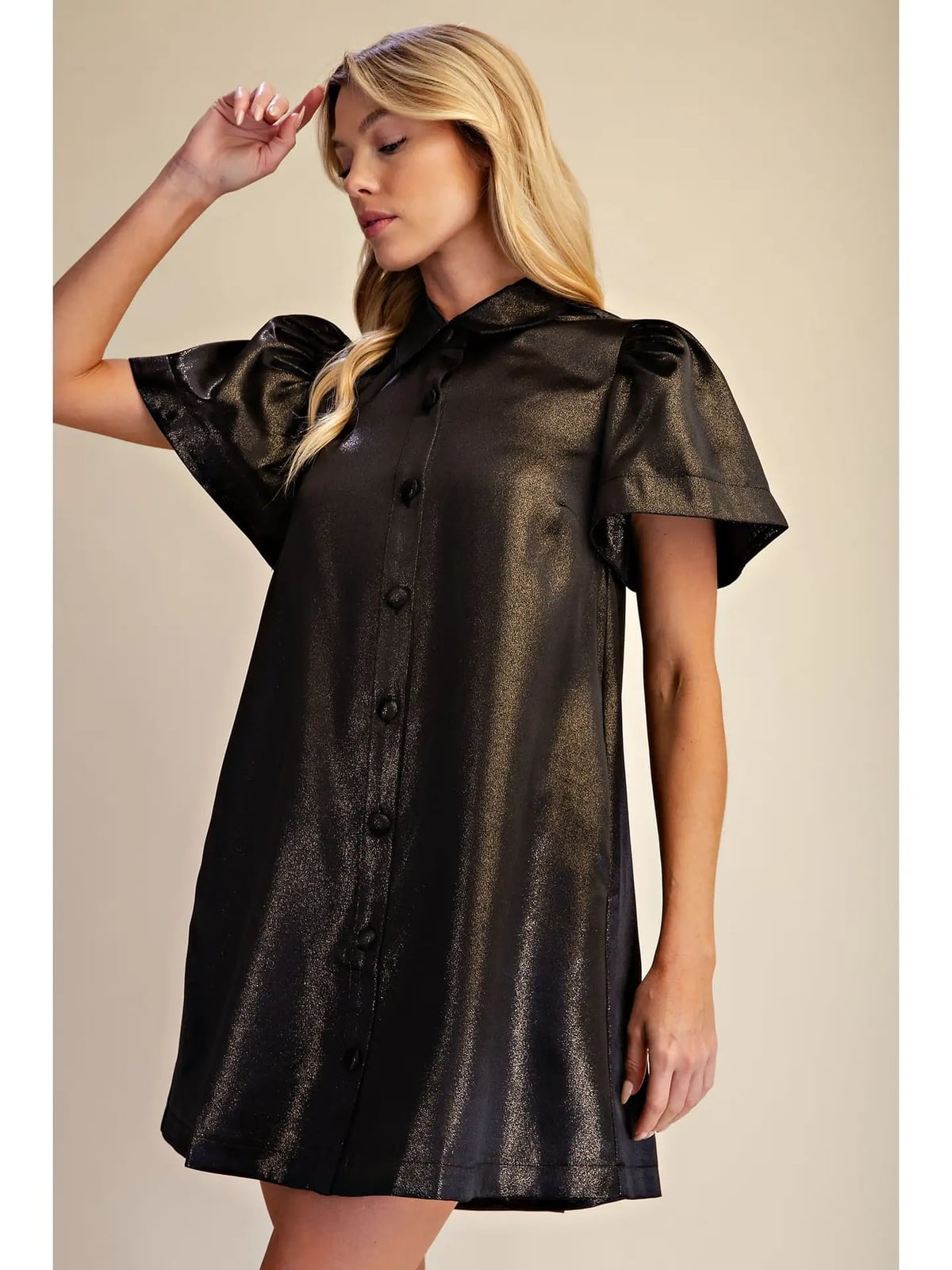 Black Metallic Mini Dress With Puff Sleeves Black Metallic Mini Dress With Puff Sleeves — Classy Metallic Outfits