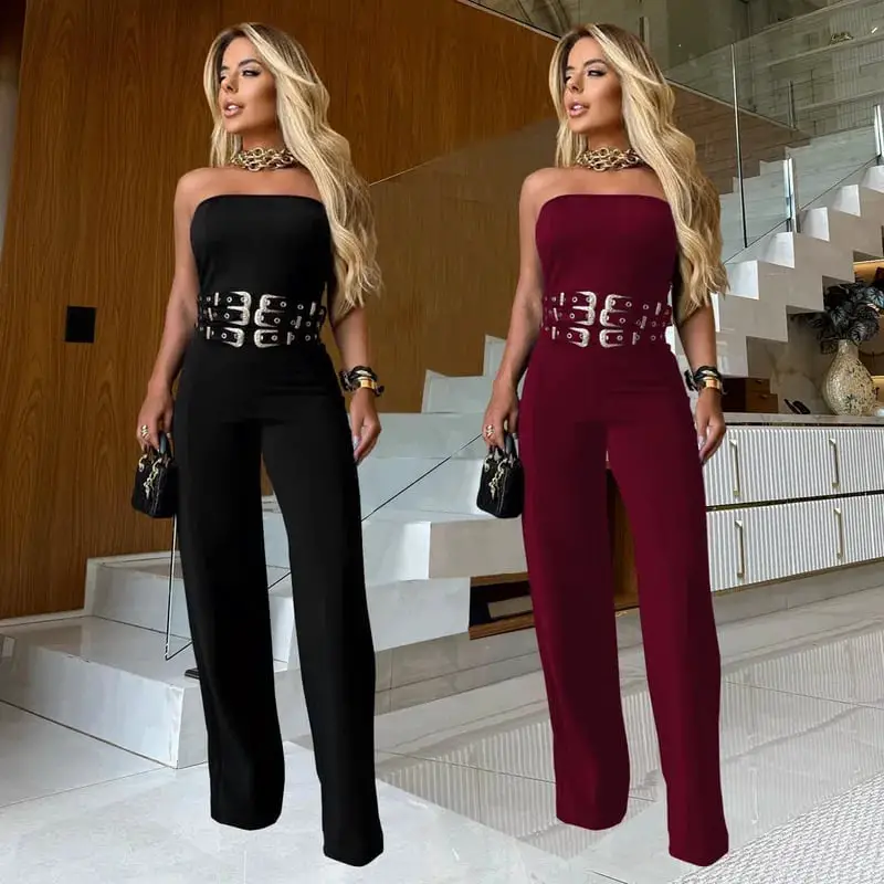 Black And Burgundy Jumpsuits With Gold Buckle Belts Black And Burgundy Jumpsuits With Gold Buckle Belts — Classy Metallic Outfits