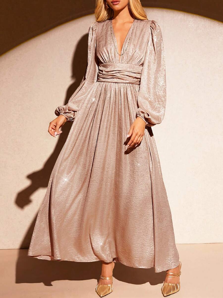 Champagne And Gold Jacquard Dress With Lantern Sleeves Champagne And Gold Jacquard Dress With Lantern Sleeves — Classy Metallic Outfits