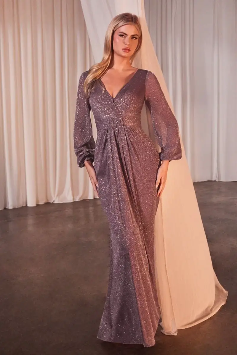 Shimmering Gray Mauve Dress With Plunging Neckline Shimmering Gray Mauve Dress With Plunging Neckline — Classy Metallic Outfits