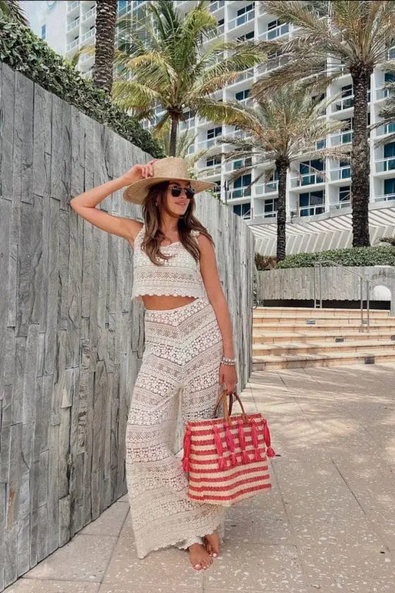 Cream Crochet Lace Crop Top And Matching Wide-Leg Trousers Cream Crochet Lace Crop Top And Matching Wide-Leg Trousers — Classy Miami Outfits