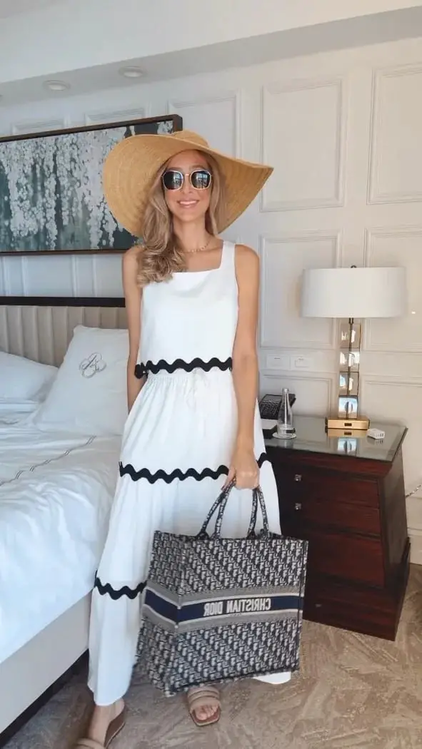 White Tiered Cropped Dress With Black Wavy Trim White Tiered Cropped Dress With Black Wavy Trim — Classy Miami Outfits