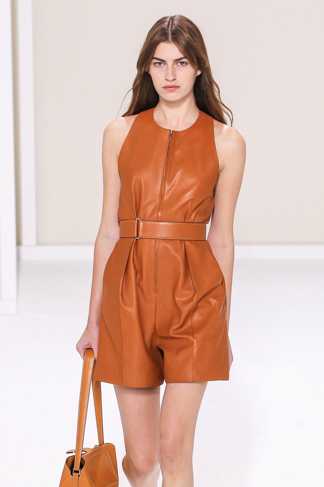 Orange Leather Sleeveless Jumpsuit With Belted Wide Legs Orange Leather Sleeveless Jumpsuit With Belted Wide Legs — Classy Miami Outfits