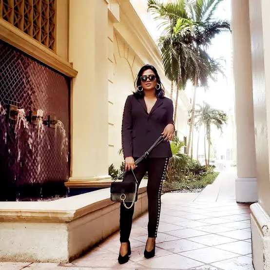 Black Blazer With Embellished Slim-Fit Trousers Black Blazer With Embellished Slim-Fit Trousers — Classy Miami Outfits