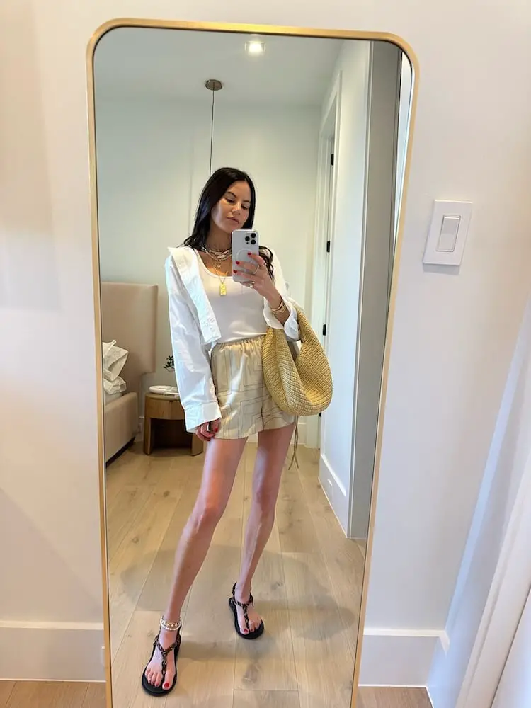 Striped Linen Shorts With White Tank Top And Open Shirt Striped Linen Shorts With White Tank Top And Open Shirt — Classy Miami Outfits