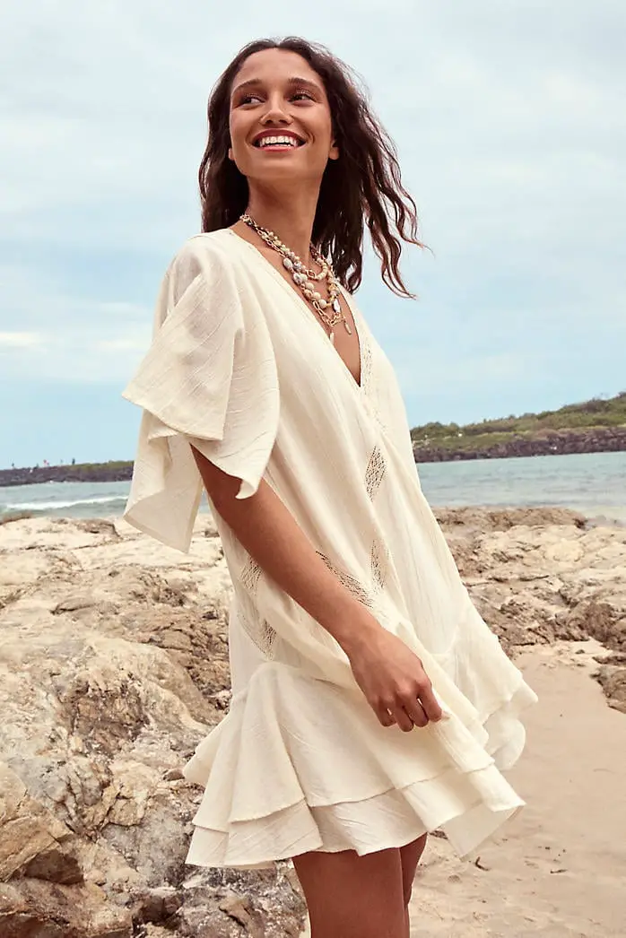 Ivory Off-The-Shoulder Tunic Dress With Layered Hem Ivory Off-The-Shoulder Tunic Dress With Layered Hem — Classy Miami Outfits
