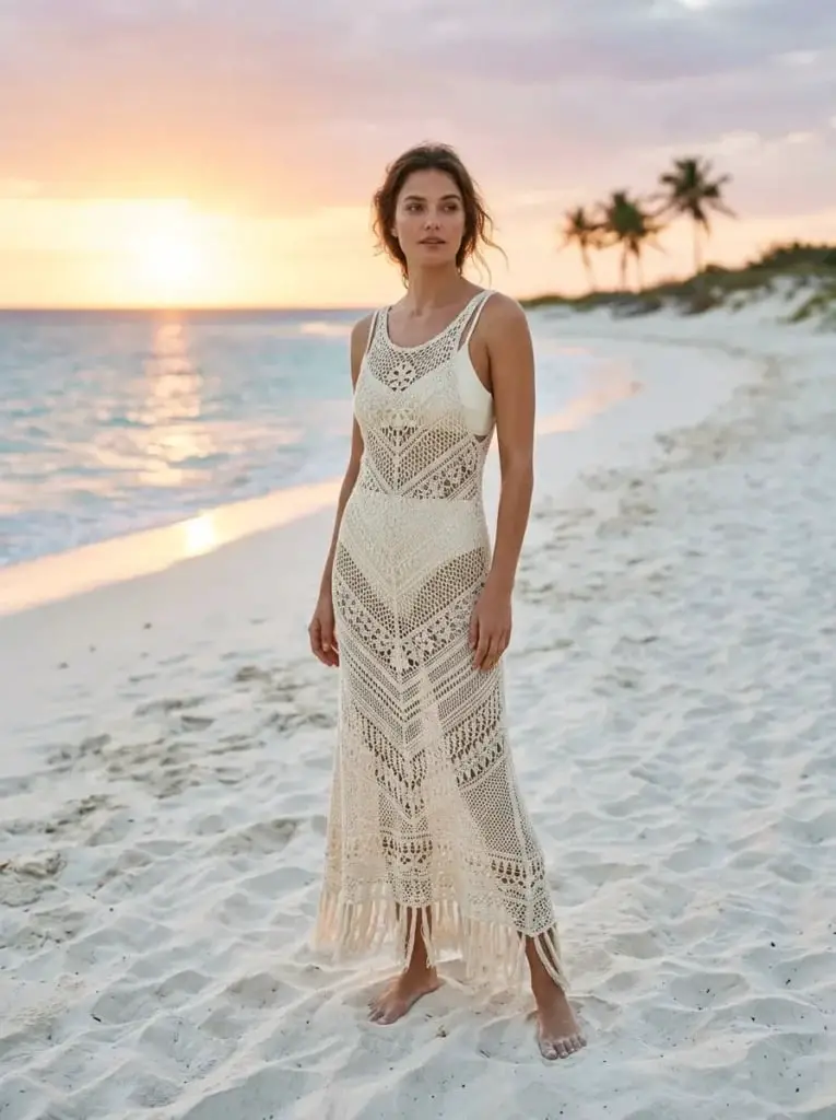 Ivory Crochet Knit Maxi Dress With Fringe Ivory Crochet Knit Maxi Dress With Fringe — Classy Miami Outfits