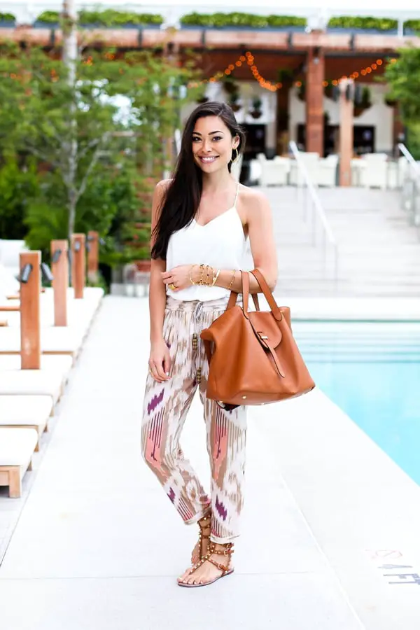 White Tank Top With Geometric Pattern Trousers White Tank Top With Geometric Pattern Trousers — Classy Miami Outfits