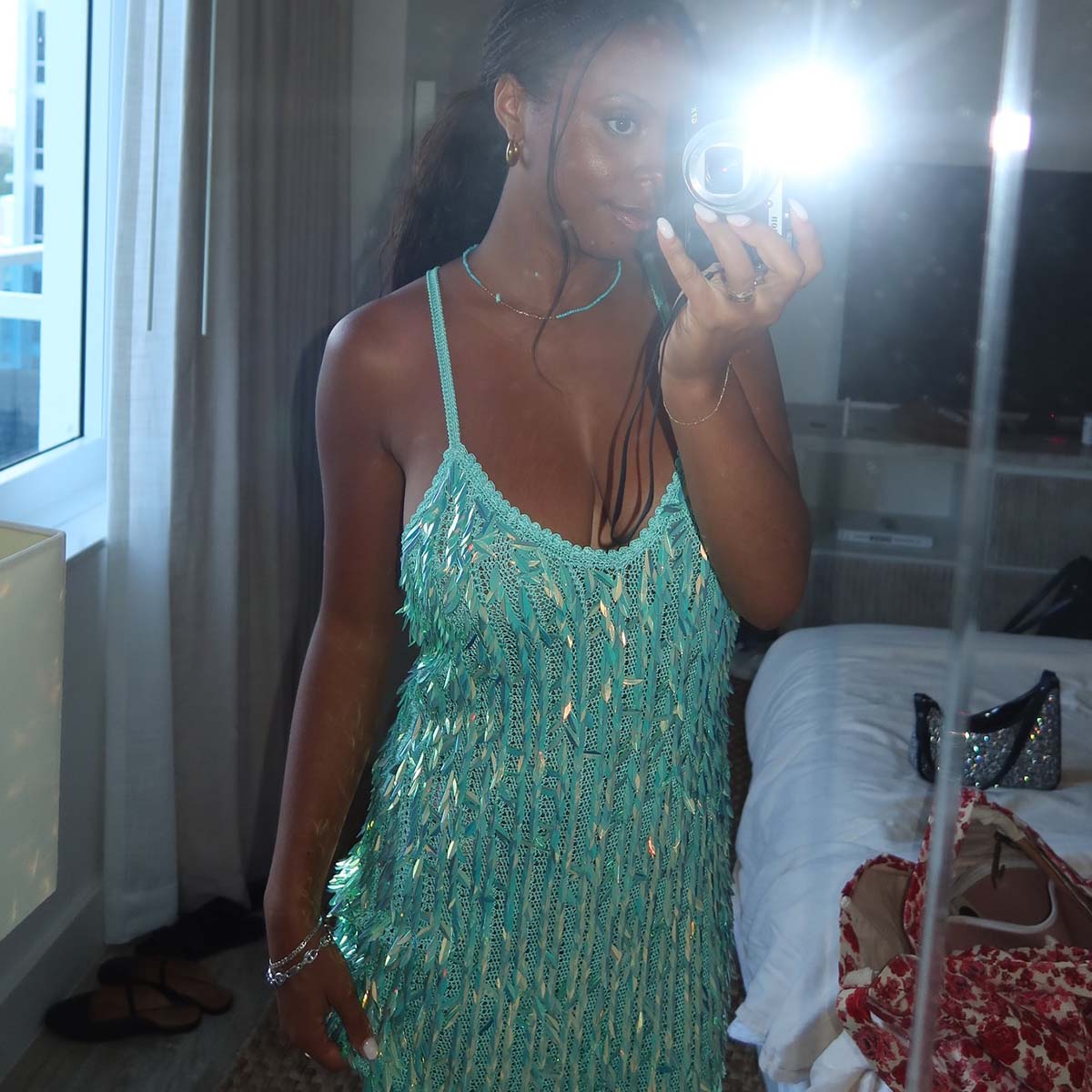 Teal Knitted Mini Dress With Sequined Fringe Teal Knitted Mini Dress With Sequined Fringe — Classy Miami Outfits