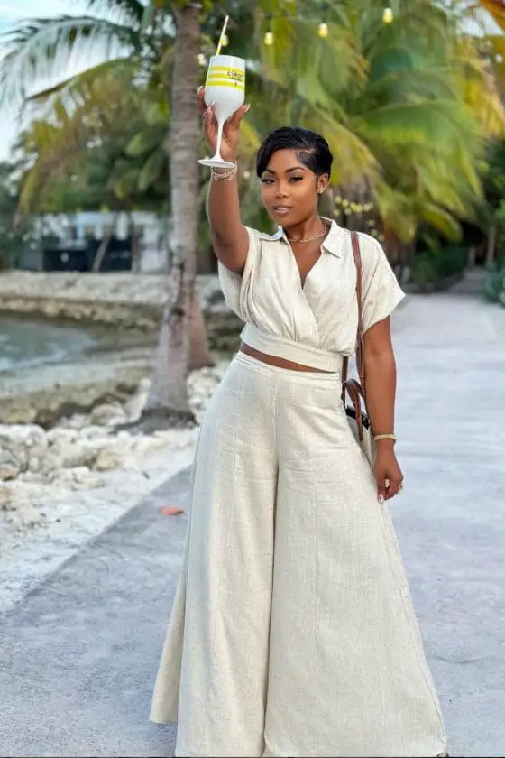 Beige Linen Blend Cropped Wrap Top And Wide Leg Trousers Beige Linen Blend Cropped Wrap Top And Wide Leg Trousers — Classy Miami Outfits
