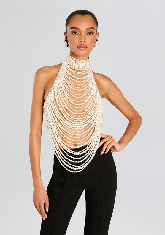 Halter Neck Top With Cascading Pearl Embellishments Halter Neck Top With Cascading Pearl Embellishments — Classy Miami Outfits