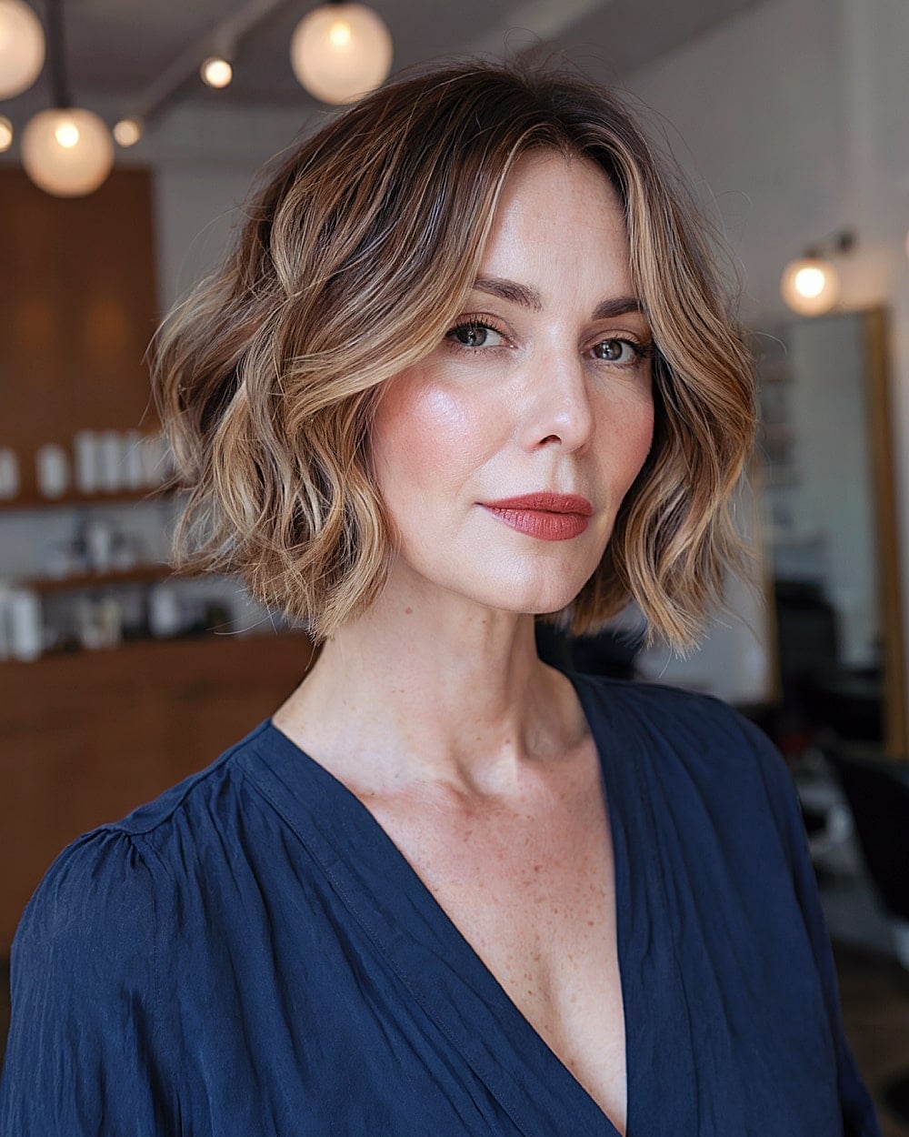 Chin Length Wavy Bob With Highlights Chin Length Wavy Bob With Highlights — Classy Middle Part Bob