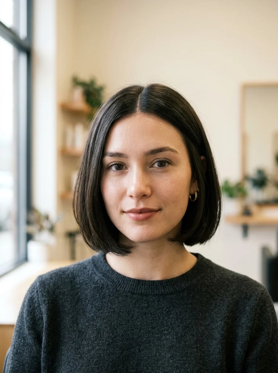 Fine Dark Brown Sharp Bob, Chin Fine Dark Brown Sharp Bob, Chin — Classy Middle Part Bob